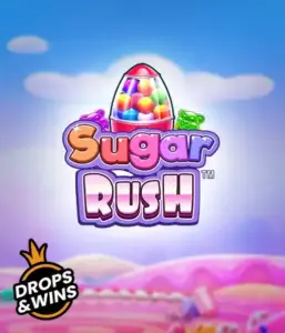 Experience the colorful world of Sugar Rush by Pragmatic Play, showcasing a bright candy dispenser against a dreamy candy landscape. This image captures the playfulness of the game, adorned with multicolored candies and engaging typography. Great for candy lovers, delivering hours of fun. 